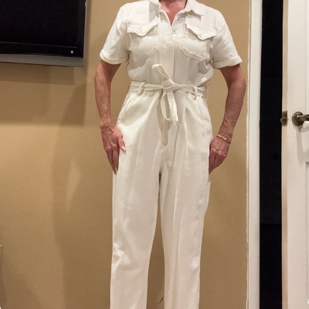 Good American Cream Utility Jumpsuit with Belted Waist